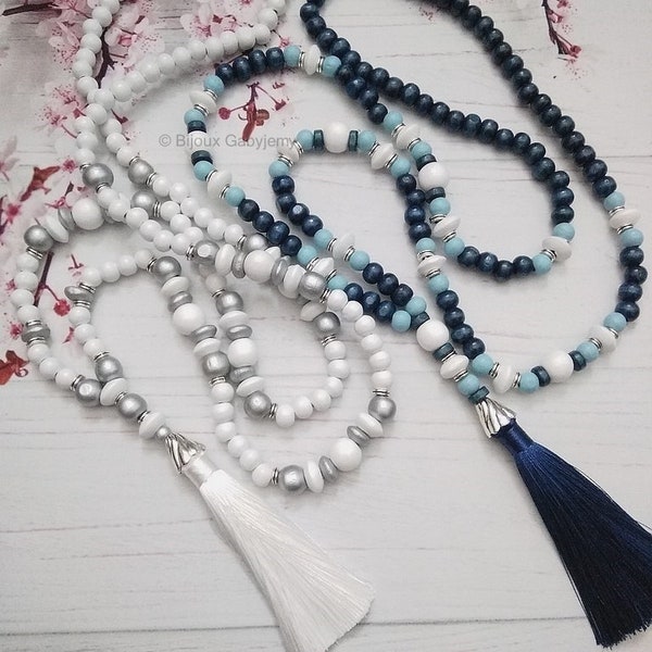 Long Collier-Sautoir en perles bois au style mala avec pompon, mode Bohème-chic, Hippie-Chic pour femme