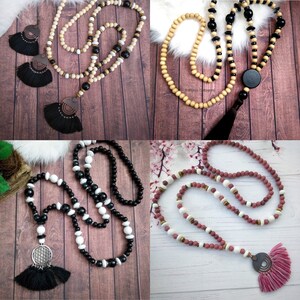 Long Collier-Sautoir en perles bois au style mala avec pompon, mode Bohème-chic, Hippie-Chic pour femme image 9