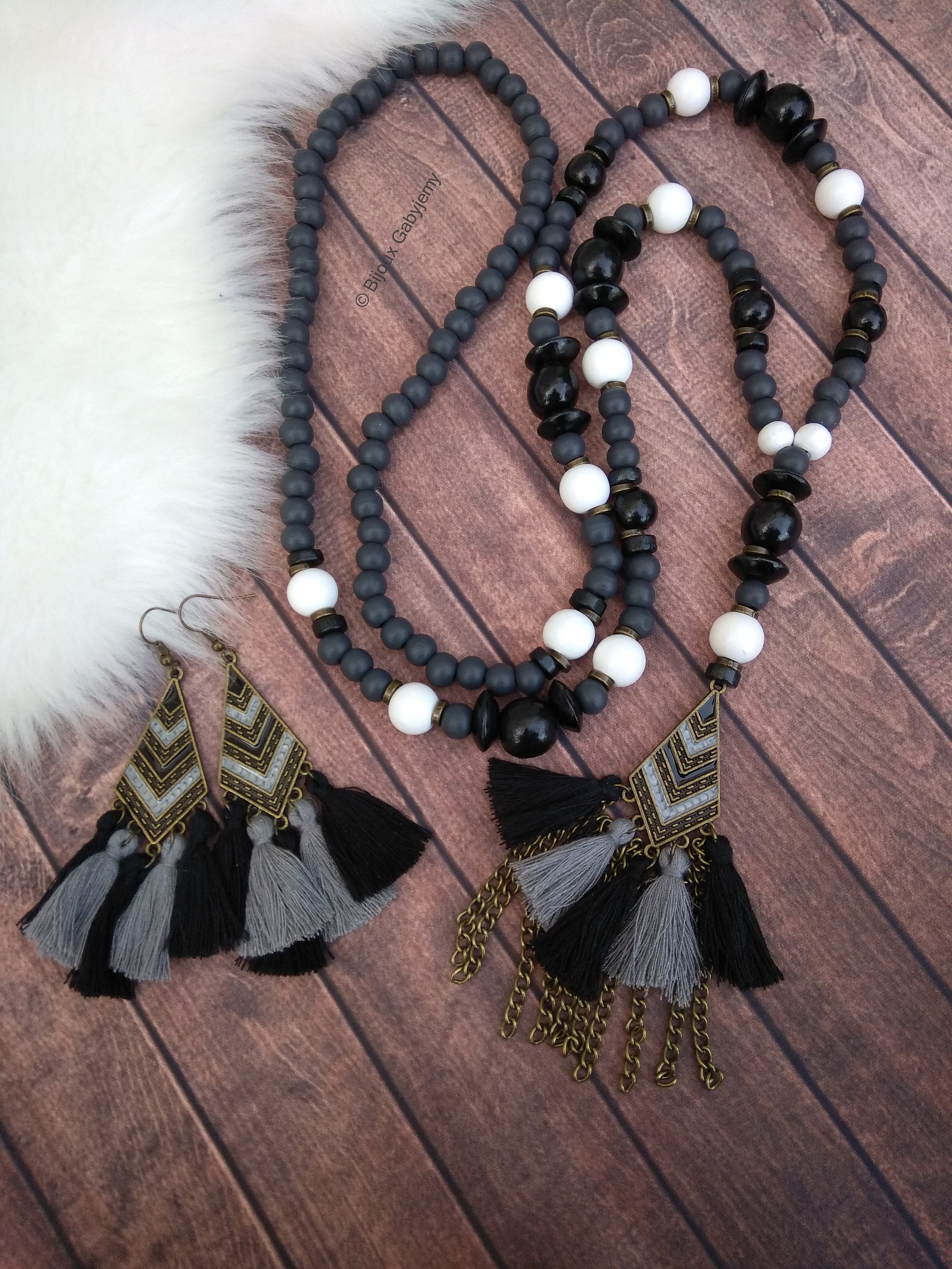 Collier Sautoir Perles Bois & Marbre - Pendentif Étoile Et Pompon Lilas - Bijou Fantaisie Femme