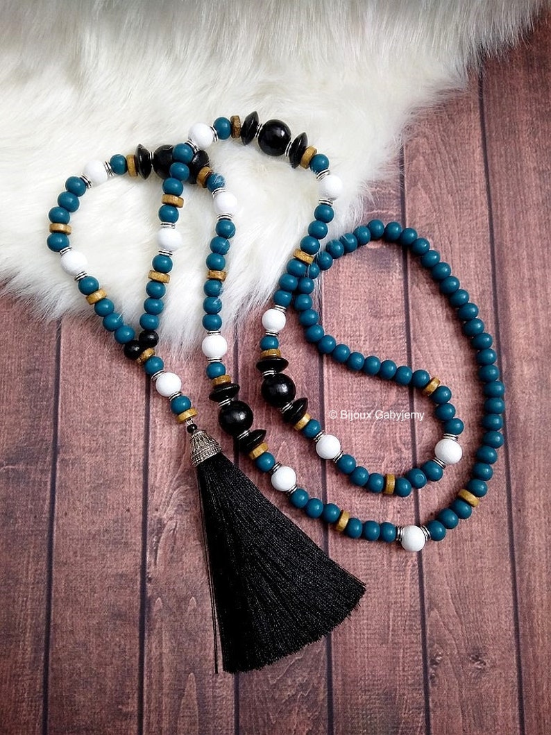 Long Collier-Sautoir en perles bois au style mala avec pompon, mode Bohème-chic, Hippie-Chic pour femme Turquoise