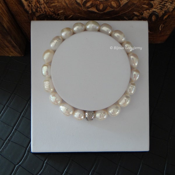 Bracelet en perles de culture d'eau douce naturelle avec perles blanches de forme ovale et irrégulières, couleur blanc nacré, pour homme