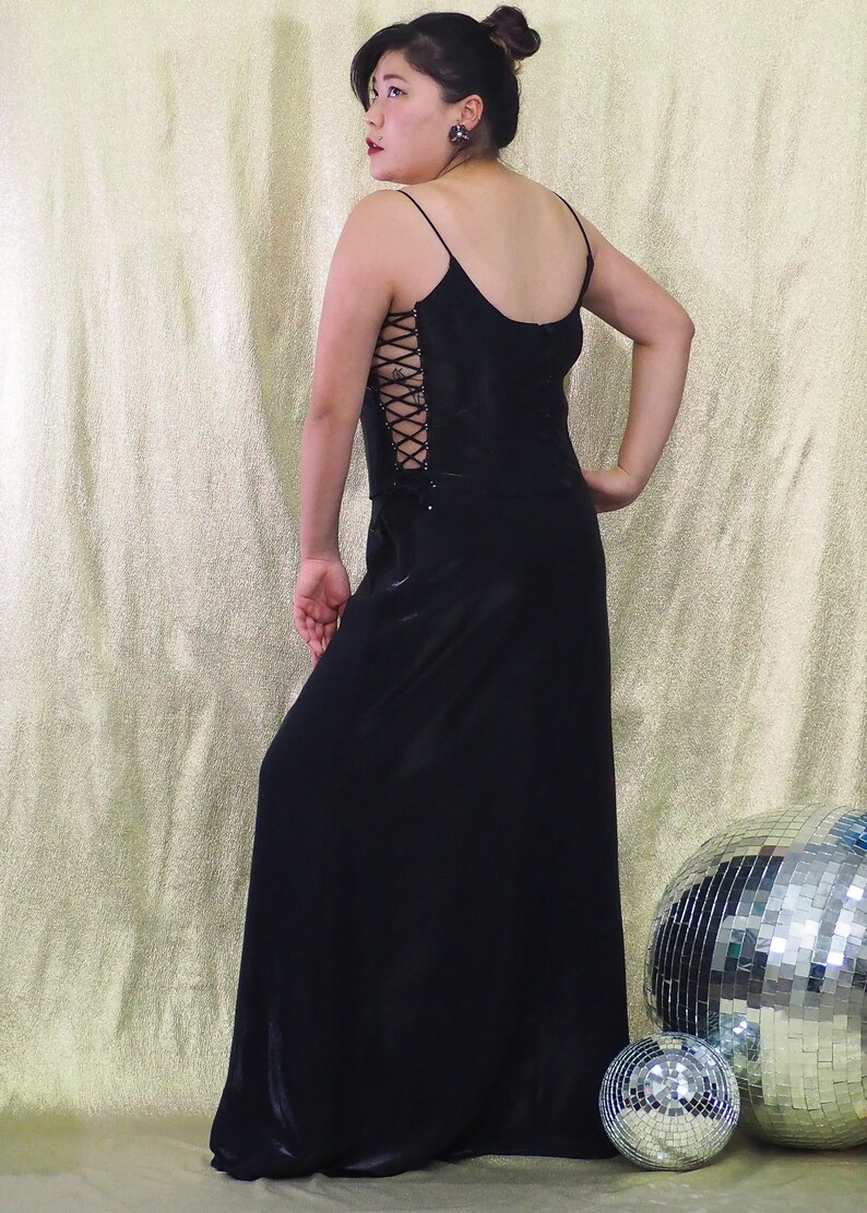 Size Large by F.I.E.S.T.A Vintage 1990s 2 Piece Gown Set Shiny Black Lace Up Sides Top Silver Rhinestone Seperates Silky Sheath Skirt