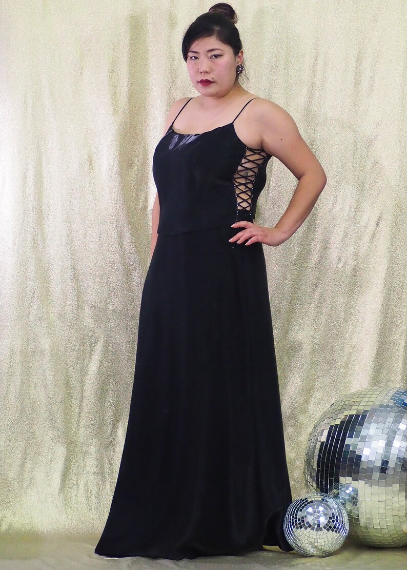 Size Large by F.I.E.S.T.A Vintage 1990s 2 Piece Gown Set Shiny Black Lace Up Sides Top Silver Rhinestone Seperates Silky Sheath Skirt