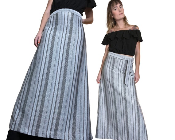 Vintage 1970s Metallic Silver Stripe Skirt Belted Maxi Skirt