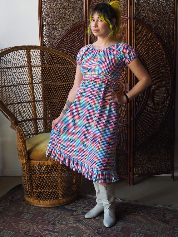 Vintage 1970s Checkered Prairie Dress | Multicolo… - image 3