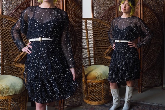 Vintage 1980s Ruffle Black and White Polka Dot Eve
