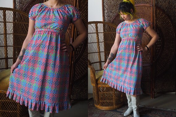 Vintage 1970s Checkered Prairie Dress | Multicolor