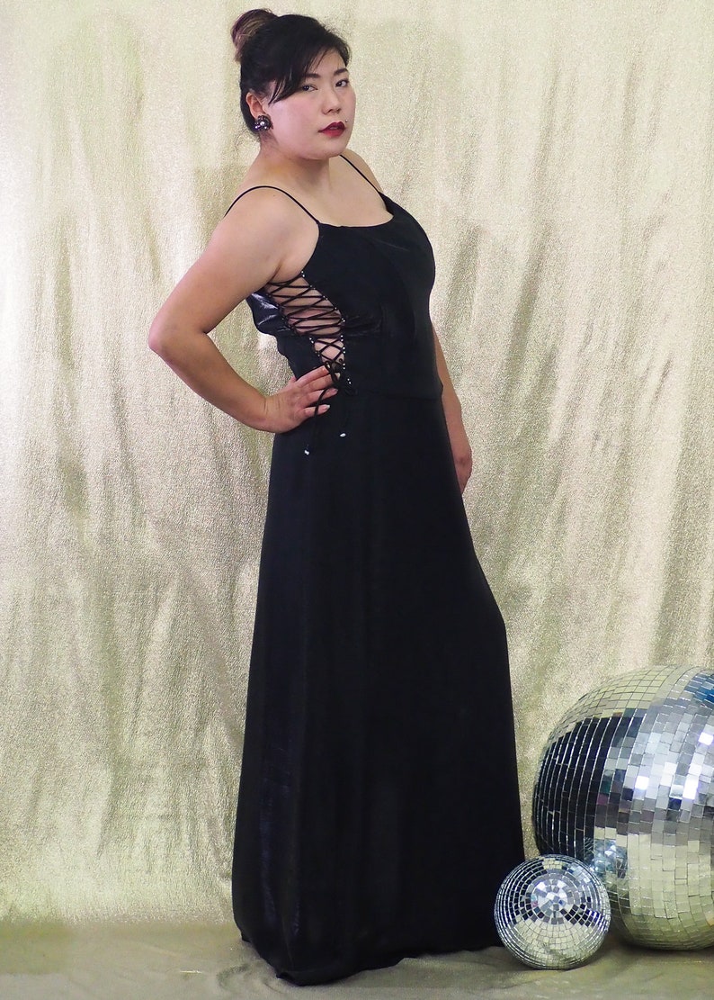 Size Large by F.I.E.S.T.A Vintage 1990s 2 Piece Gown Set Shiny Black Lace Up Sides Top Silver Rhinestone Seperates Silky Sheath Skirt