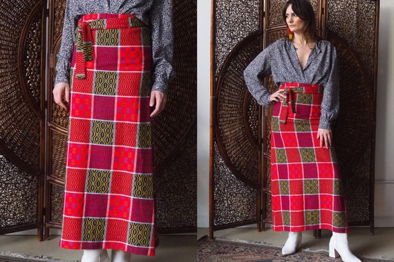 Vintage 1970s Red Woven Maxi Skirt | Checkered Pat