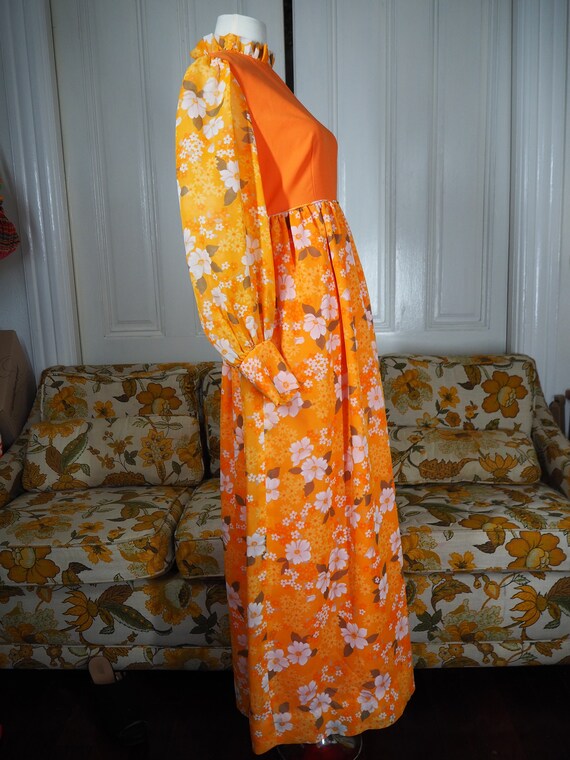 Vintage 1970s Orange Floral Maxi Dress // Long Sl… - image 4