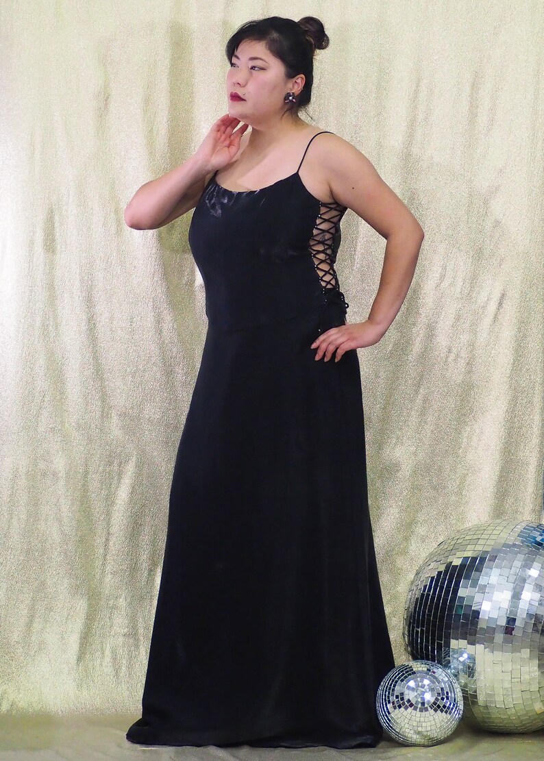 Size Large by F.I.E.S.T.A Vintage 1990s 2 Piece Gown Set Shiny Black Lace Up Sides Top Silver Rhinestone Seperates Silky Sheath Skirt