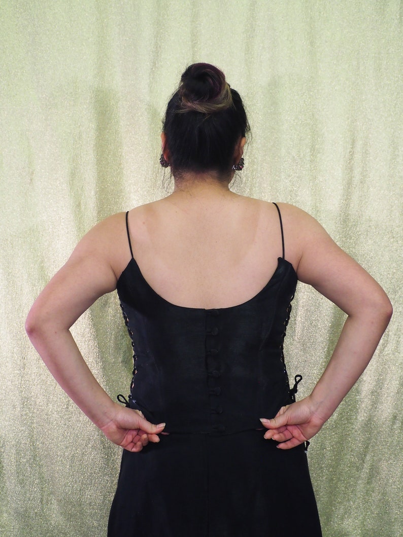 Size Large by F.I.E.S.T.A Vintage 1990s 2 Piece Gown Set Shiny Black Lace Up Sides Top Silver Rhinestone Seperates Silky Sheath Skirt