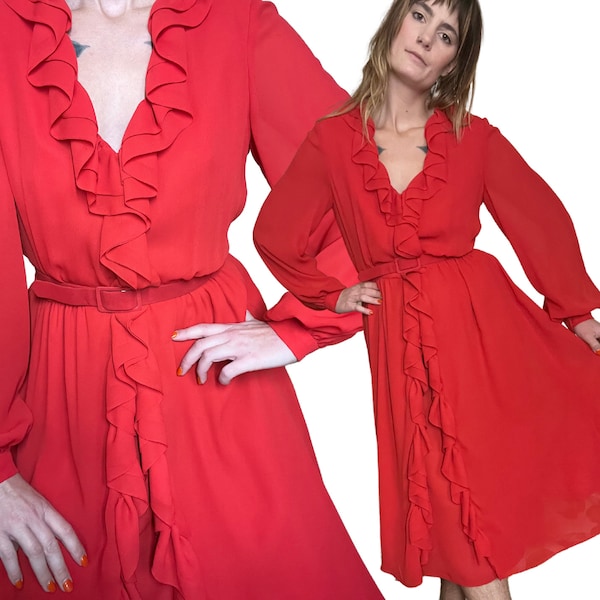 Vintage 1970s/80s Red Ruffle Dress // I.Magnin // Long Sleeve Deep V Midi // Holiday Party Dancing Cocktail // Size M