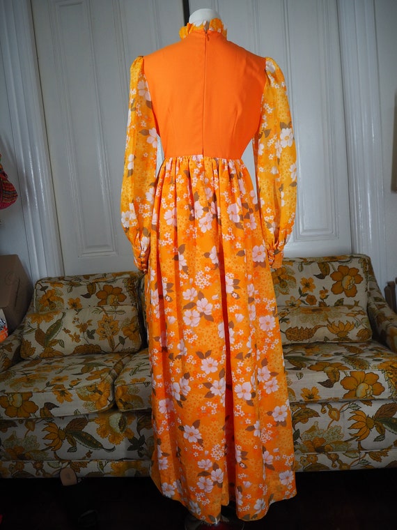 Vintage 1970s Orange Floral Maxi Dress // Long Sl… - image 5