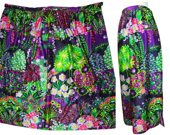 Vintage 1970s Psychedelic Wrap Skirt // Vibrant Dayglo Purple Green Floral Botanical Print // High Waisted Side Slit Maxi Skirt // 27" Waist