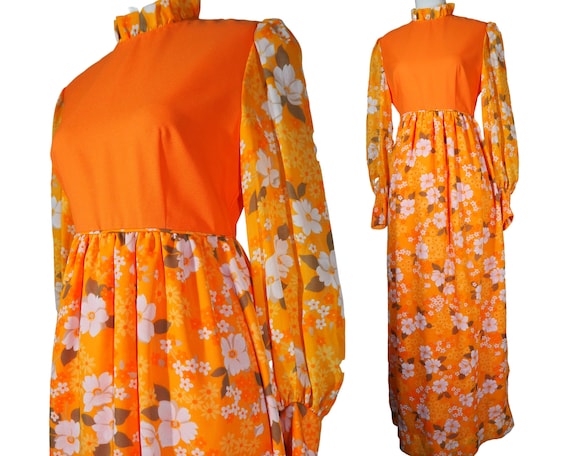 Vintage 1970s Orange Floral Maxi Dress // Long Sl… - image 1