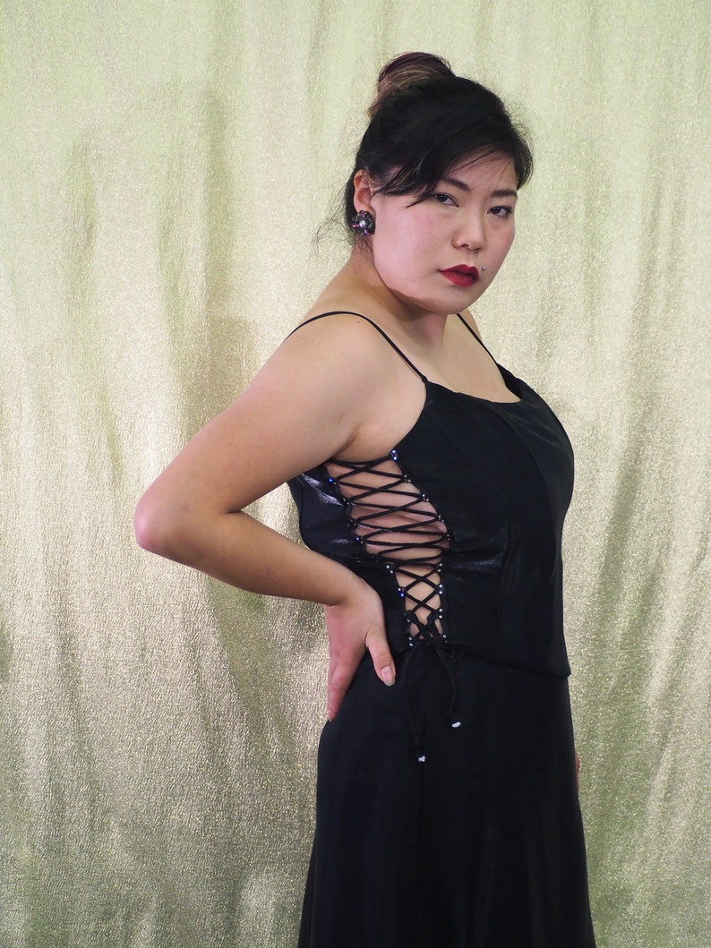 Size Large by F.I.E.S.T.A Vintage 1990s 2 Piece Gown Set Shiny Black Lace Up Sides Top Silver Rhinestone Seperates Silky Sheath Skirt