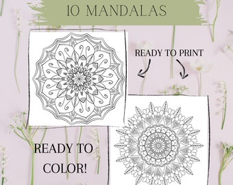 Set of 10 Mandalas Ready To Print and Ready to Use | Adults and Children Coloring Pages | Mandala Easy Coloring Book | Stress Relief