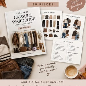 Peut inclure: Un guide numérique intitulé Fall 2026 Capsule Wardrobe Casual + Trendy 20 Pieces. Le document comprend une liste de contrôle, des inspirations de tenues et des photos à plat de vêtements comme des pulls, jeans, vestes, bottes et chapeaux. Le texte inclut Build a wardrobe you actually want to wear et Your digital guide includes.