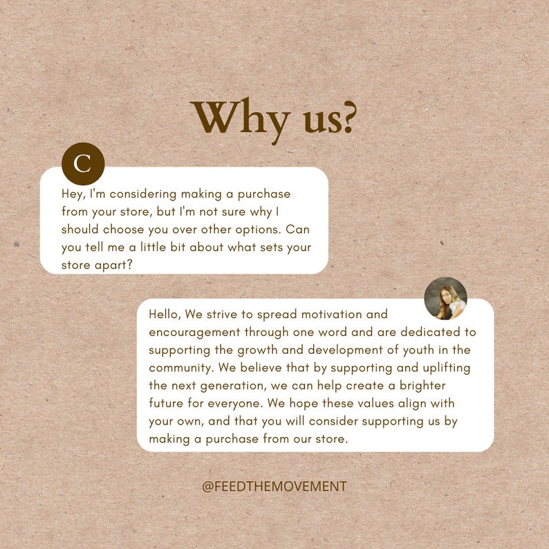 May include: A tan-colored graphic with the text "Why us?" and two speech bubbles. One bubble asks why the store should be chosen. The other bubble explains the store's mission to support youth development. The store's Instagram handle is also included.