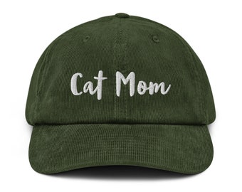 Cappello in velluto a coste verde oliva con scritta "Cat Mom": berretto da baseball ricamato
