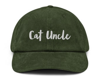 Olive Green Cat Uncle Corduroy Hat: Embroidered Baseball Cap
