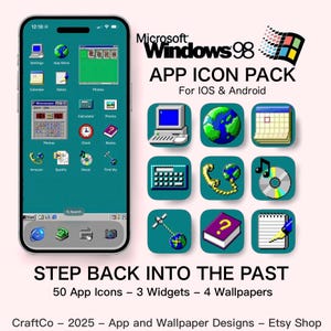 May include: A smartphone screen showing a Windows 98 app icon pack, with app icons, widgets, and wallpapers. Text includes "STEP BACK INTO THE PAST" and "APP ICON PACK For IOS & Android."