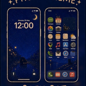 Peut inclure: Deux écrans de smartphone affichant un thème de téléphone "Cozy Cat". L'écran de verrouillage montre une scène de nuit avec un chat, une lune et l'heure. L'écran d'accueil présente des icônes d'applications sur le thème du chat.