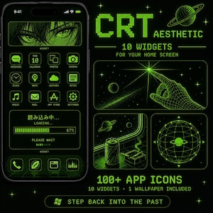 May include: A digital art design featuring a smartphone interface with green pixelated graphics. The screen displays app icons, a loading bar, and text in Japanese. The design includes the text "CRT Aesthetic" and "100+ App Icons".