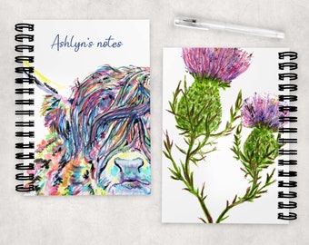 Personalied A5 Highland Cow Notebook with Thistle Design on the back