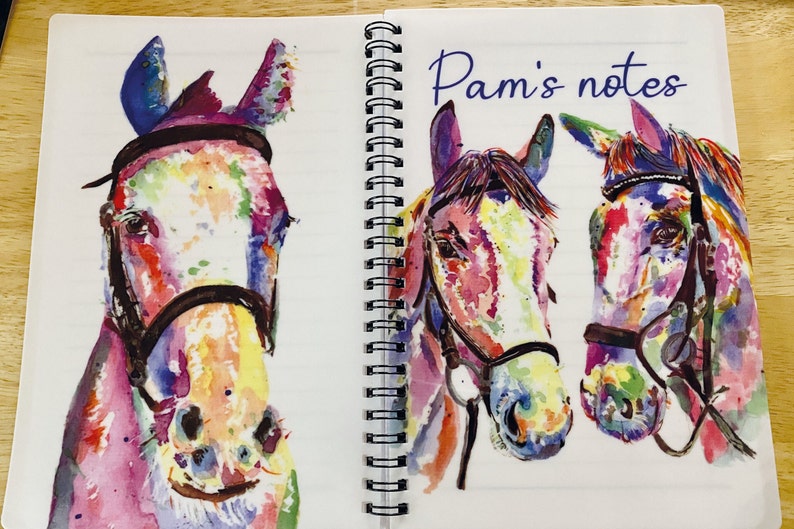 May include: A notebook featuring a colourful watercolour painting of three horses on the cover. The horses are wearing bridles and have a variety of colours, including pink, blue, yellow, and green. The notebook is titled "Pam's notes".
