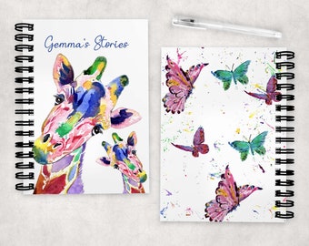 Personalized A5 Giraffe Notebook, Watercolor Butterflies