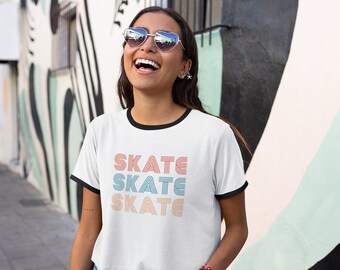 Roller Skate Shirt, Retro Vintage 70s Ringer Skate T, Roller Derby Tee, Roller Skate Gift, Roller Skate Party Shirt, Women Men Skate Gift