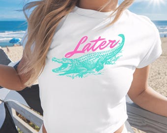 Camiseta retro de los 90 para bebé con diseño de caimán, camiseta estilo años 80, camiseta ajustada con estampado para mujer, camiseta de moda Y2K para bebé, estética de Pinterest, camiseta de caimán