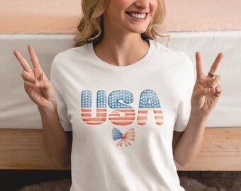Coquette USA 4th of July Comfort Colors Shirt, American Flag White Bow Tee, Retro Girly Patriotic Women's Shirt, Cute Independence Day Top