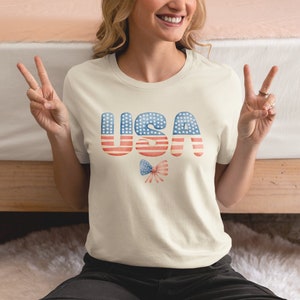 Coquette USA 4th of July Comfort Colors Shirt, American Flag Bow Tee, Retro Girly Patriotic Women&#39;s Shirt, Cute Independence Day Top