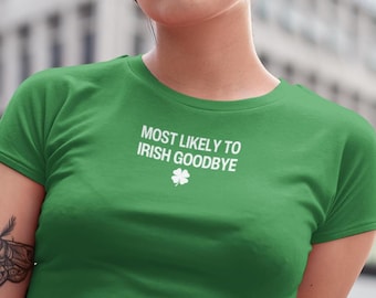 Camiseta de bebé de los 90 con la frase "Lo más probable es que se vaya de Irlanda", camiseta del día de San Patricio con la frase "Lo más probable es que se vaya de Irlanda", camiseta divertida de bar y pub