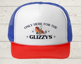 Only Here for the Glizzy Foam Mesh Trucker Hat, USA Party Hat, America Hat, Hot Dog Lover Hat, Funny 4th of July Cap, Silly Meme Friend Gift