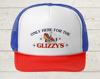 Only Here for the Glizzy Foam Mesh Trucker Hat, USA Party Hat, America Hat, Hot Dog Lover Gift, Funny 4th of July Cap, Red White Blue Hat