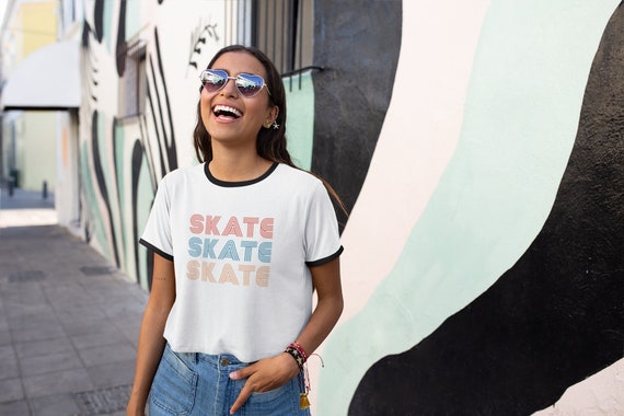 Roller Skate Shirt, Retro Vintage 70s Ringer Skate T, Roller Derby Tee, Roller Skate Gift, Roller Skate Party Shirt, Women Men Skate Gift