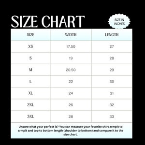 Op de afbeelding: Maattabel voor kleding in inches. De tabel toont de breedte- en lengtemaat voor maten XS tot 3XL.
