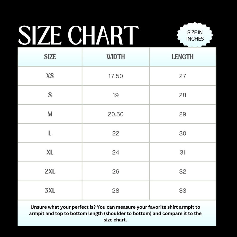 Op de afbeelding: Maattabel voor kleding in inches. De tabel toont de breedte- en lengtemaat voor maten XS tot 3XL.