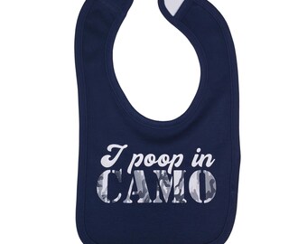 おもしろベビービブ – 迷彩柄のうんち柄、綿100%、面ファスナー留め