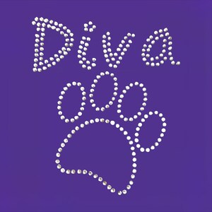 May include: A purple background with the word "Diva" and a paw print made of white rhinestones.