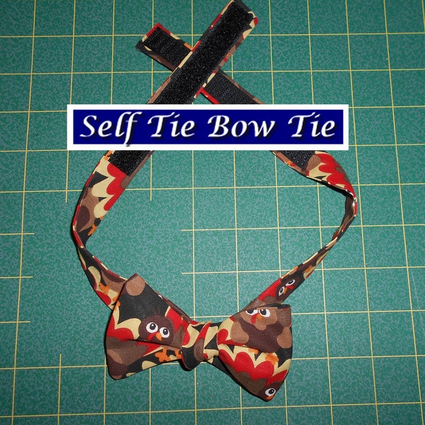 Turkey Self Tie Bow Tie/cotton/Pilgrim Turkey/Thanksgiving/brown orange tan on black background/made USA