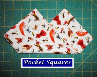 Flies /w Orange Streamers on Beige/cream Pocket Square/hanky/handkerchief/fisherman/cotton/fly fishing fisherman hooks rustic/made USA