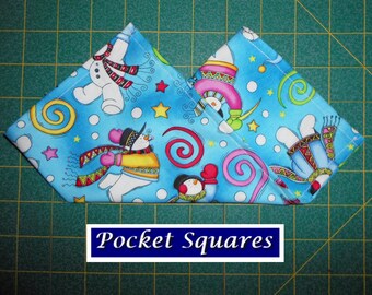 Snowman Pocket Square/Hanky/Handkerchief/cotton/bright snowmen swirling colors and stars pink yellow green on blue/made USA