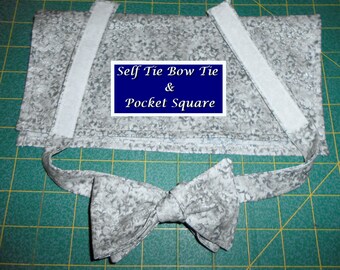 Grey/Silver Self Tie Bow Tie & Pocket Square/metallic mini scroll/cotton/Made USA