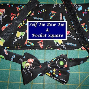 Chemistry/Science Beakers Self Tie Bow Tie & Pocket Square Set/hanky/handkerchief/double helix/DNA/molecules/microscope/lab/math/made USA