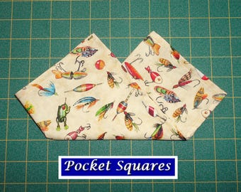 Bass Lures Baits Flies on Cream/Fisherman Pocket Square/hanky/handkerchief/cotton/fishing outdoorsman woodsmen rustic/made USA